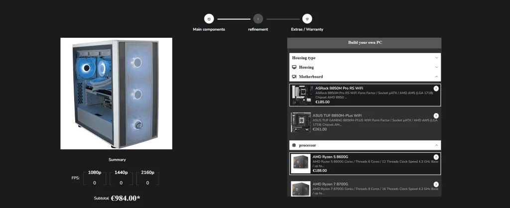 component selection in online product configurator for PC