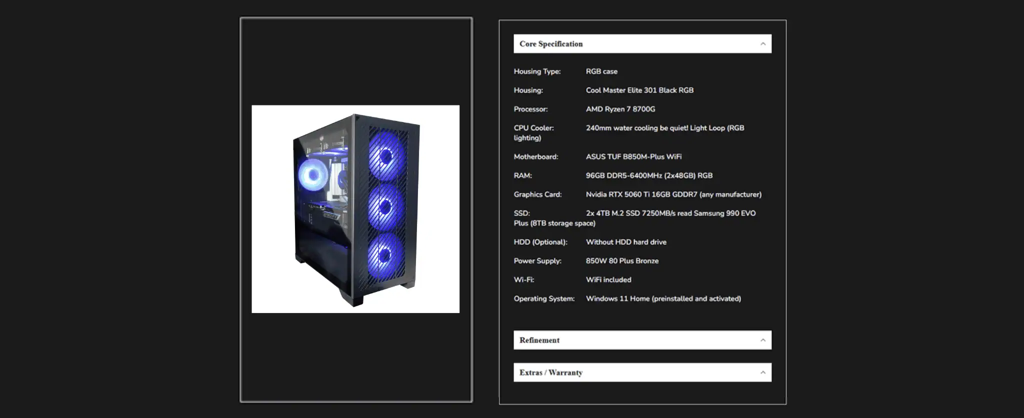 Product Summary in Online Product configurator for PC